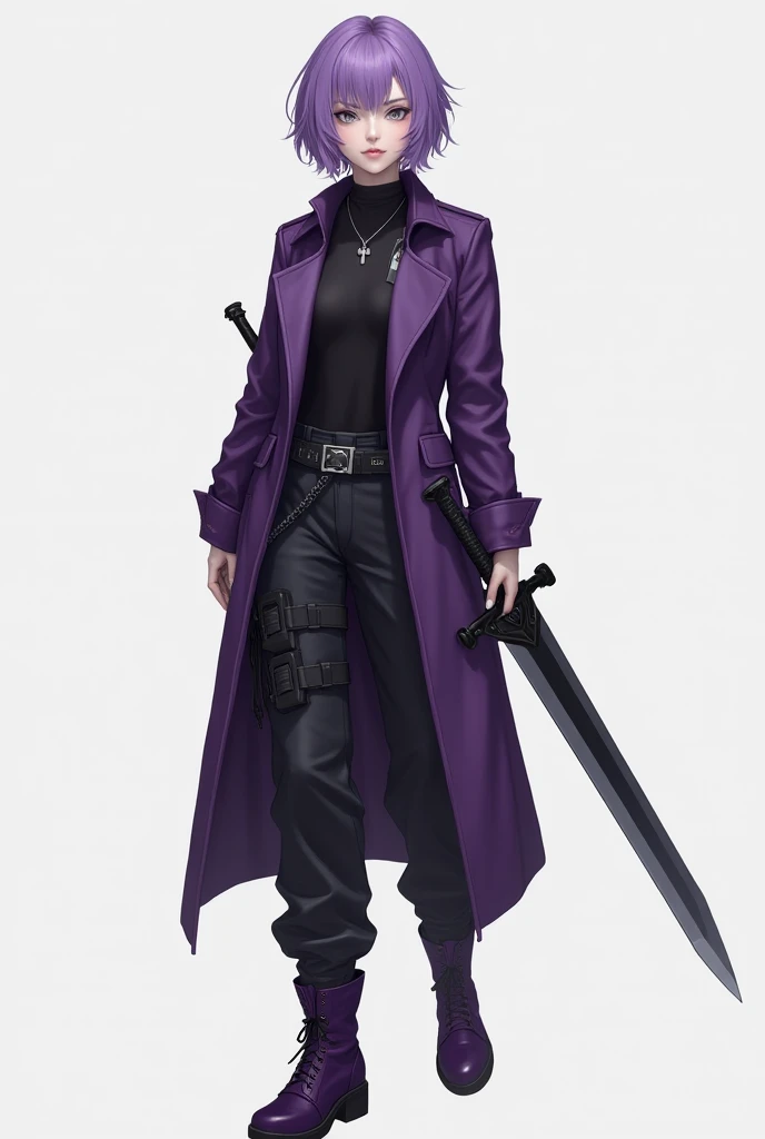 (masterpiece, best quality, character design, character reference sheet, concept art, same character, detailed face, super detailed, advanced detailing, top quality, high resolution, 8K) Full body female in modern clothing; modern futuristic purple trench ...