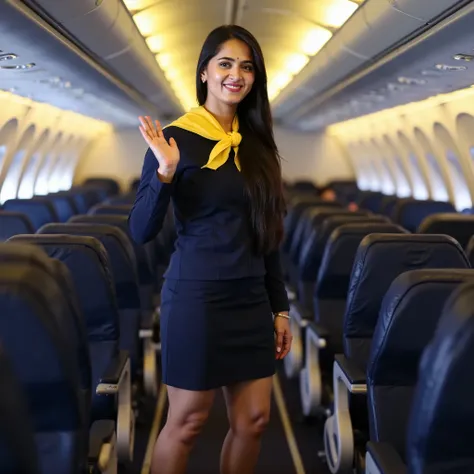 ((AnushkaShettyFlux)) Anushka  is a flight attendant . She is wearing  a smart formal  navy  blue uniform   and yellow scarf.  short skirt, (black high heels), perfect legs, model pose,, flight cabin, pantyhose .     ​highest quality、8k、best image quality ...