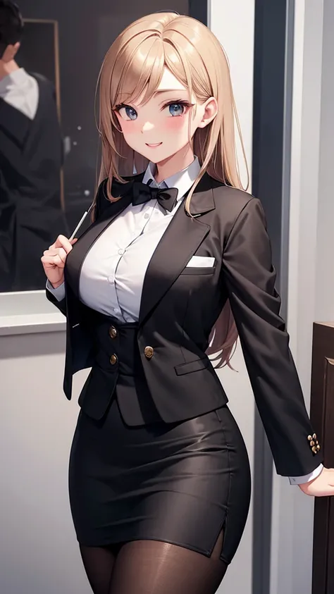 sexy older sister in a black business suit　　 　　The black tie is tight　 black pencil skirt 　Brown tights　smile　  high res　  high res　I'm trying to take off my suit jacket