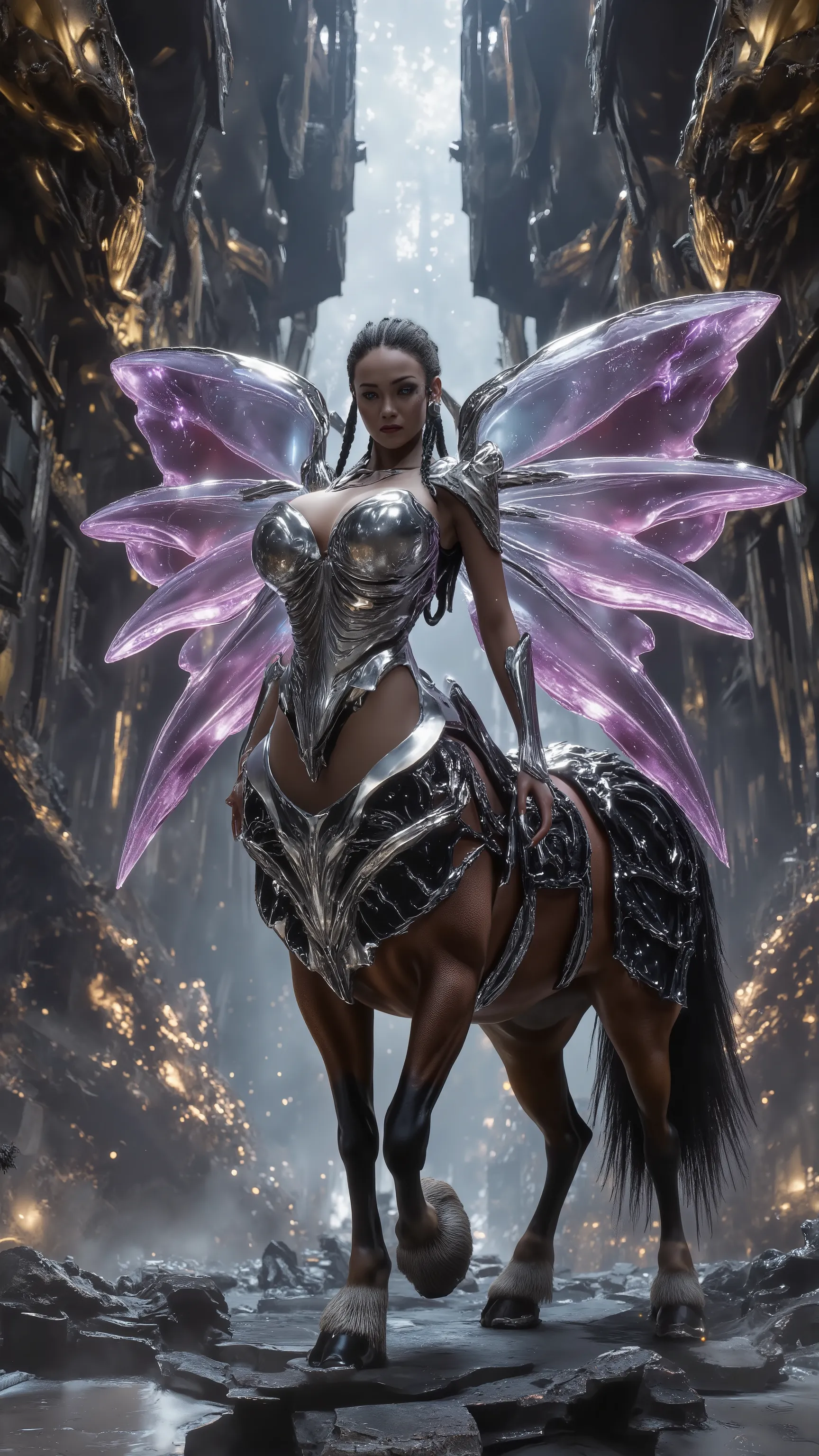 (Master quality:2.0) ( ultra-fine detail :2.0) ( neo-baroque architecture )  mythical cyber centaur queen ， antimatter horseshoe ，Superstring Mane， dynamic nebula cape ，12K grade skin （ subsurface scattering of subcutaneous nebula ）， quantum topology ， fra...