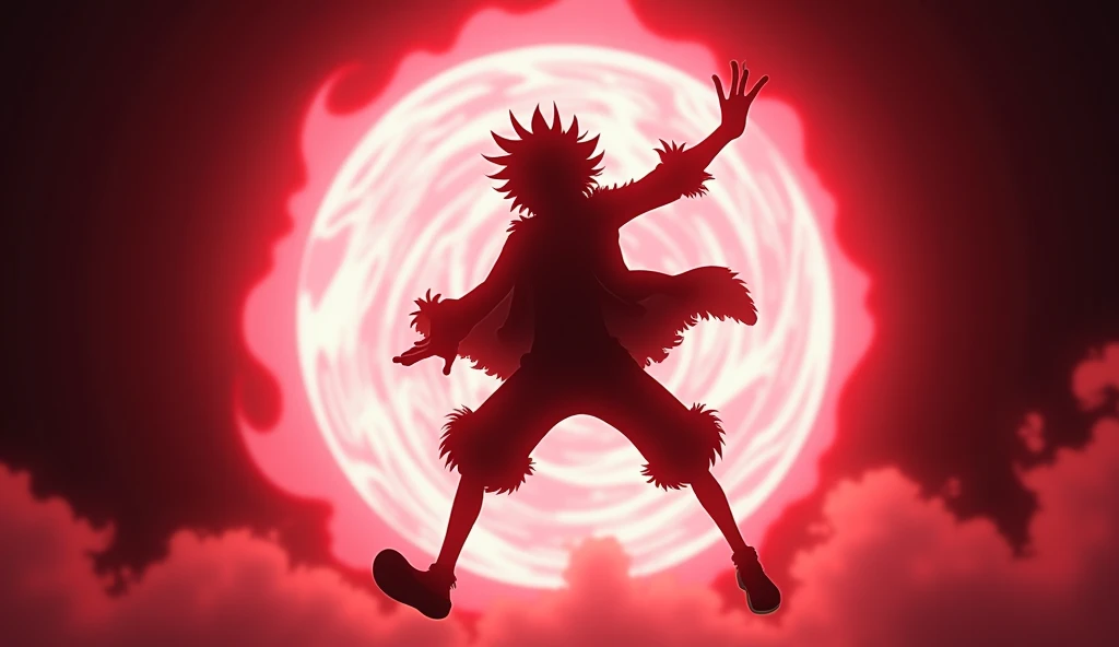 
A dynamic silhouette of Monkey D. Luffy from One Piece in his Gear Fifth form, mid-air in an action pose. His limbs are exaggerated and rubbery, capturing his iconic cartoon-like movement. His wild, wavy hair flows around him, adding to the energetic moti...