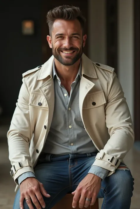  realisticic,  Russian handsome muscular man , Smiling ,  strong and muscular legs ,  big lump , Casual dress , Oxford Shirt,  elegant white-beige trench coat Elegant and fashionable,   perfect face,  perfect eyes , with a beard, sexy,  realistic,, ,  Clos...