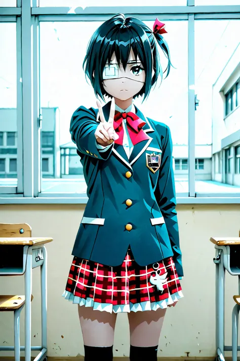  top quality, 4K, Birds travel to six flowers,  Rikka Takanashi , solo,  black hair,  one side up,  short hair,  blazer,  plaid miniskirt ,  Red Ribbon,  black high socks, medical eye patch for right eye, Ruffles at the hem of her skirt, Futuristic fashion...