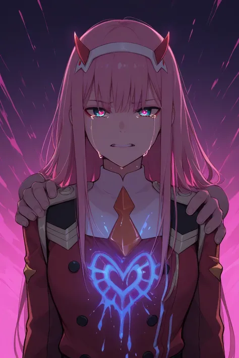 zero two darling in the franxx ,larger horns, bust , clawing heart out of chest ,  crying pink,  dark neon pink, face covered in  glowing pink blood splatter, glowing pink eyes,  waist up, eyes looking, Hiro with hand on her shoulder, blue glowing backgrou...