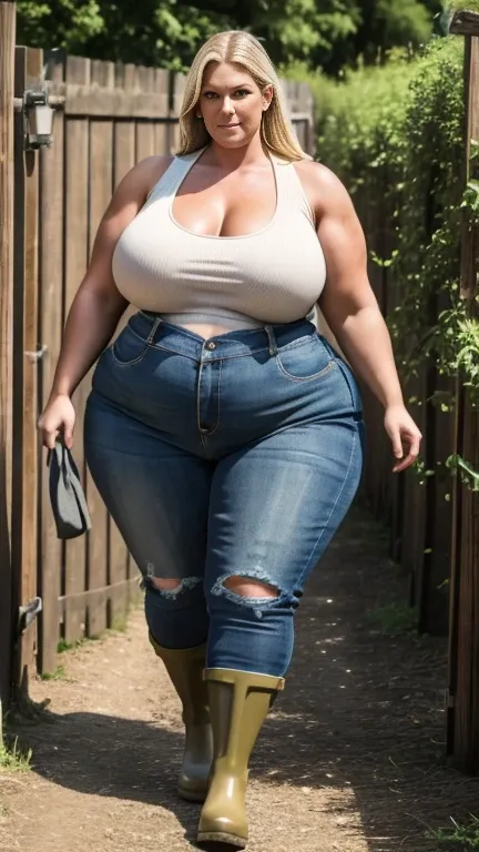 Photo from head to toe ,  full body view,Araffe UssBBW, large, curvaceous, , Working farmer's wife, muscular woman,  wide hips,  blonde poop ,  ripped old jeans , Crop ripped olive green tank top with low neckline, heavy wellies ,  hourglass figure,  tanni...