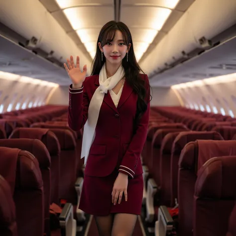 ((kar1na)) kar1na   Karina  is a flight attendant . She is wearing  a smart formal  deep maroon  uniform   and white scarf.  short skirt, (black high heels), perfect legs, model pose,, flight cabin, pantyhose .     ​highest quality、8k、best image quality Aw...