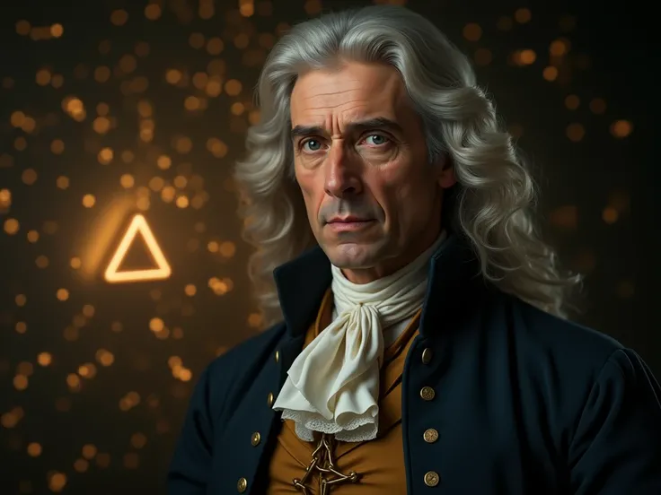 A highly detailed, cinematic portrait of Sir Isaac Newton, only his upper body visible. He wears a classic 17th-century coat with a white cravat, his long, wavy hair flowing naturally. His eyes glow with wisdom, symbolizing deep intellect. A soft golden li...