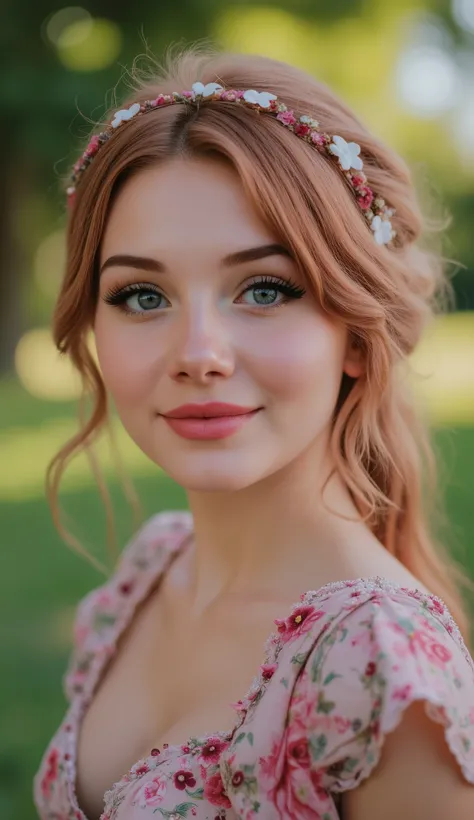 beautiful girl ,  perfect figure,  's beautiful detailed face,  Blue eyes,  smile, beautiful pink manicure, decorations, printed blouse, in the park,  Very detailed,  high detail,  best quality,  High definition