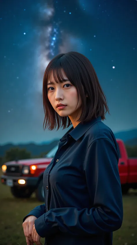    night sky with a view of the Milky Way galaxy  ，    beautiful woman wearing dark blue cotton shirt standing   {x} Outdoor wilderness   ,Face detail beautiful woman in cotton shirt    ,    view from below ,   photos, (   Golden Hour   ),    perfect eye, ...