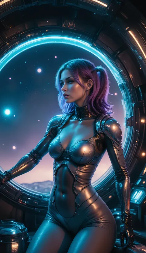 (best quality, 128k,highres,masterpiece:1.2),ultra-detailed,(realistic,photorealistic,photo-realistic:1.37), ((masterpiece)) ((photography)) ((Highest quality)) A hyper-realistic 3D illustration of a young woman in a futuristic space suit inside a spaceshi...