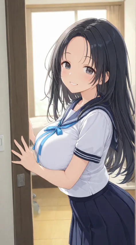 Big Breasts,    、  morning、 navy blue sailor suit、 dark blue pleated skirt 、room、（morning起こしに来る）、long hair,   black hair , bangs,    ,  smile,  ,  smiles,   , （One girl 1.5）, （ blue ribbon）、（ 1.5）solo, 