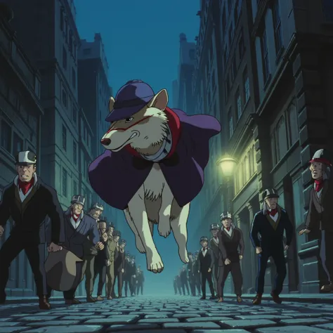 ghiblistyle, Dog detective as Sherlock Holmes, Jumping on criminals, action scene, dynamic composition, ((masterpiece)), 