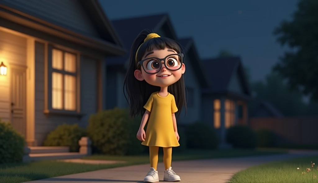 A 3D image of A 
A Cartoon  girl(smart and cautious girl with long black hair tied in a ponytail, deep brown eyes, and glasses. She wears a yellow dress with leggings and white sneakers.) is smiling making facial expressions as if she is missing someone ,i...