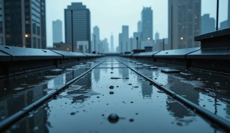 Raindrops on the roof of a building in Midtown，Close shot，Represents the effect of raindrops