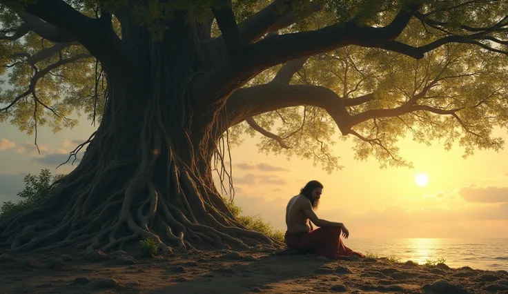 A solemn Ashwatthama sitting alone under a massive banyan tree, deep in thought. The evening sun casts long shadows, symbolizing his endless journey. His expression is one of regret and wisdom."