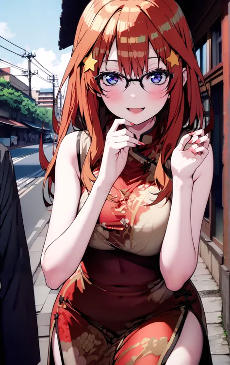 Nakano Mizuki ,  long hair,  blue eyes,  hair ornament,  red hair,  hair bun , star (  symbol ), Lick the boy's penis with half-framed glasses ,  glasses under the rim, star  hair ornament, smile,blush, open the mouth,sleeveless red china clothes,Big Breas...