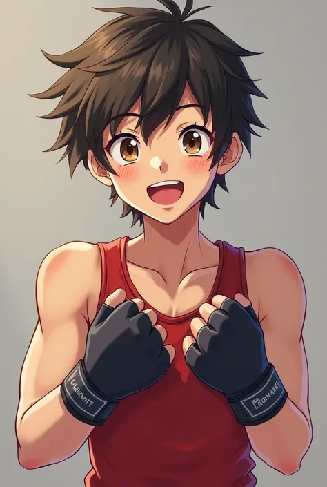 A 17-year-old boy who looks much more realistic or anime-style with an enthusiastic face with short hair in a sports-like wrestling outfit with gloves but with his fingers sticking out, a medium-tall boy with brown eyes with a smile