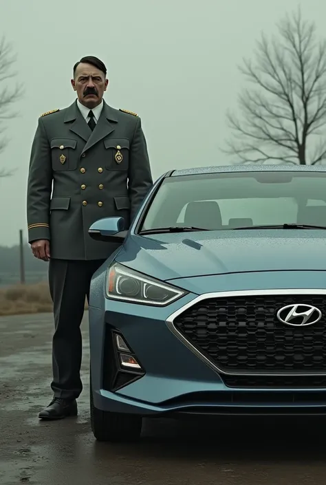 Generate a car type sonata and hitler standing next to the sonata car