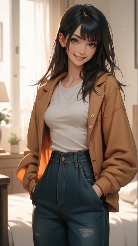 A new beginning for a young woman with a cheerful smile, perfectly combed long and black hair, medium breasts, hands in her pockets.