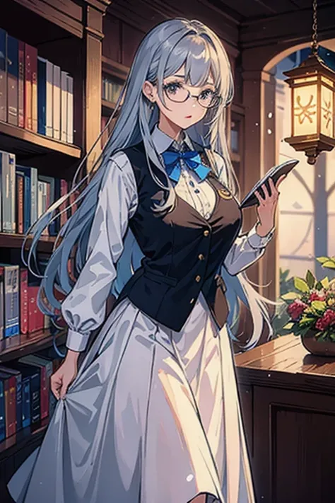 In the library、 long hair with silver glasses、An anime-style beautiful woman in her 20s wearing a navy blue vest and a Western-style dress with a white long skirt、Standing with a Western-style lantern in his hand。 The background is the library。blue jewel b...