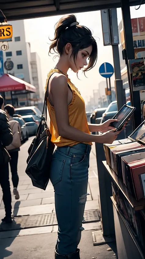  A Woman With Short Hair，Sharp eyes， Slim Body ，Dark leather boots， Yellow Short Vest ， Fox Face Style Leather ， Short Ponytail Hairstyle ， Ragged Jeans ， High Leather Boots With Lace Strap ， Single-handed Slot Strap ，Newsstand ，