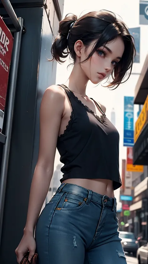  A Woman With Short Hair，Sharp eyes， Slim Body ，Dark leather boots， Yellow Short Vest ， Fox Face Style Leather ， Short Ponytail Hairstyle ， Ragged Jeans ， High Leather Boots With Lace Strap ， Single-handed Slot Strap ，Newsstand ，