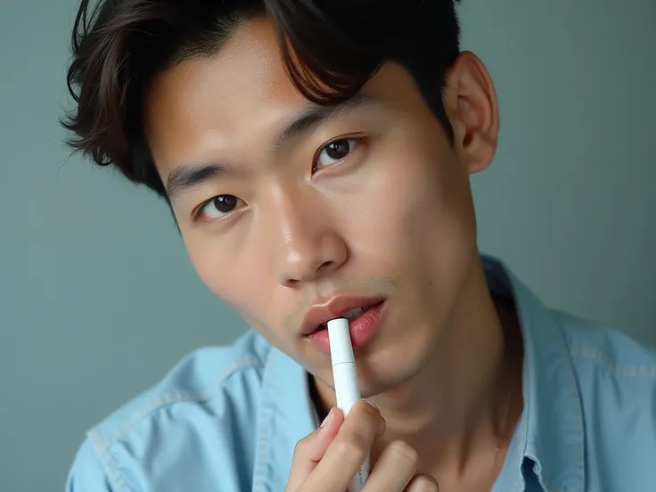 Realistic Thai male  star holding a lip tube near his mouth, wearing a light blue shirt, detailed skin taken from a DSLR camera, photography studio Realistic human skin, retains skin detail, has slight wrinkles, natural mouth, light flesh color. 