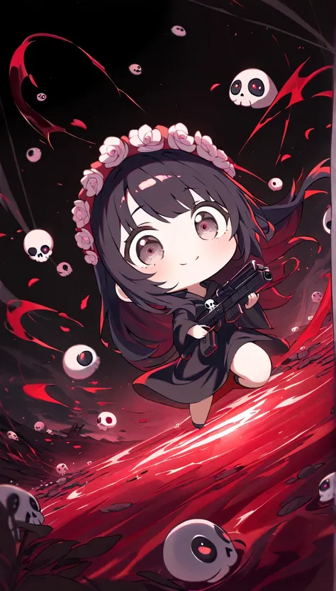 Alone, 1 girl\( Grim Reaper , cute, cute,( chibi), hair color is black, long hair,Eye color is light purple, big eyes, white skin,  big, soft, and gentle smile  ,enjoy, full body, Is Grim Reaper's Black Robe  ,( black hood ), gun, Skip, flower headdress wi...