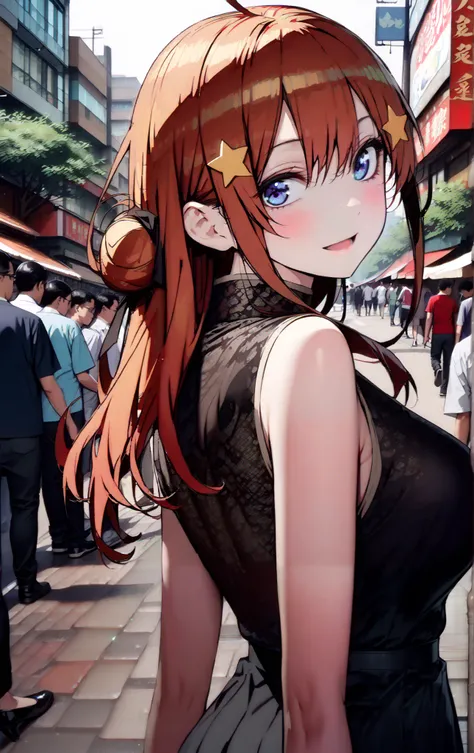 Nakano Mizuki ,  long hair,  blue eyes,  hair ornament,  red hair,  hair bun , star (  symbol ), Lick the boy's penis with half-framed glasses ,  glasses under the rim, star  hair ornament, smile,blush, open the mouth,sleeveless red china clothes,Big Breas...