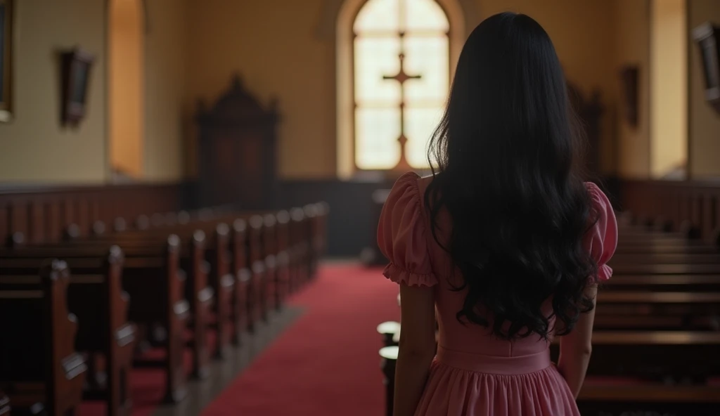 Create an ultra-realistic image of a Russian woman, she is beautiful, with long black hair that curls at the ends. In the foreground, a silhouetted figure is “sitting on one of the church benches” facing the altar. She appears to be enjoying the view, with...