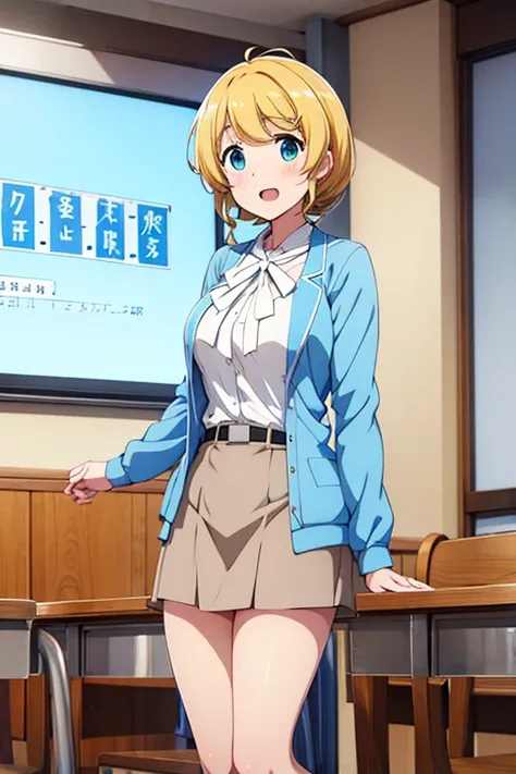 Ellen Baker、male student light blue jacket、 white shirt、 light blue skirt、 erotic、Speak at an all-school meeting、Standing at the podium、 high res