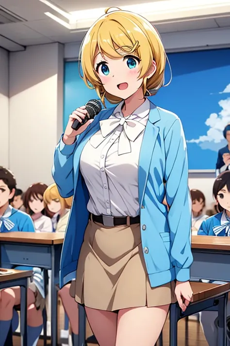 Ellen Baker、male student light blue jacket、 white shirt、 light blue skirt、 erotic、Speak at an all-school meeting、Standing at the podium、 high res