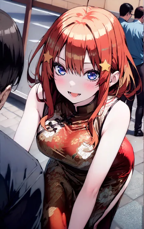 Nakano Mizuki ,  long hair,  blue eyes,  hair ornament,  red hair,  hair bun , star (  symbol ), Lick the boy's penis with half-framed glasses ,  glasses under the rim, star  hair ornament, smile,blush, open the mouth,sleeveless red china clothes,Big Breas...