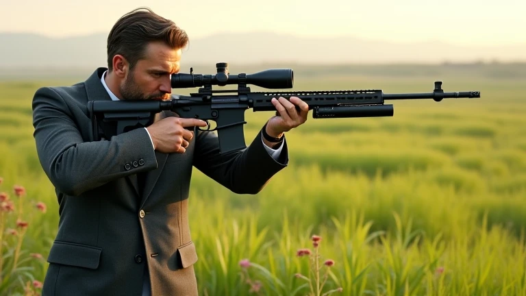 make ai realistic image of a man wearing suit holding a sniper targeting to a field green