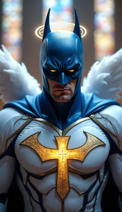 "A hyper-realistic Batman dressed in white and deep royal blue, embodying Christian symbolism. His suit features a large golden cross on his chest, with angelic feathers adorning the back of his cape. The mask includes a faint halo-like glow around the hea...