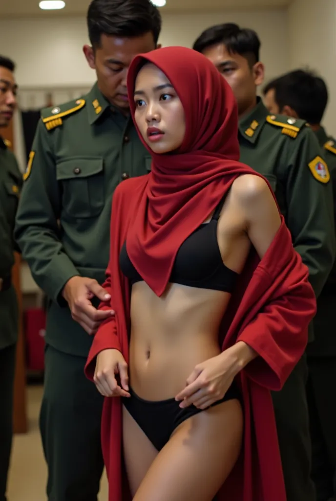 A Indonesia hijab girl, undone sexy bathrobe, black low bra, red soft hijab, soft stomach, wear seamless black panties, wide showing bra, undone her bathrobe pose, undressing pose, armpit, mall dressing room with hanging underwear background, hug by soldie...