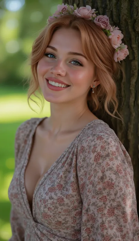 Beautiful Girl, Perfect Figure, Beautiful Detailed Face, Blue Eyes, Smile, Jewelry, Printed Blouse, In Park Near Tree, Very Detailed, High Detail, Best Quality, High Resolution