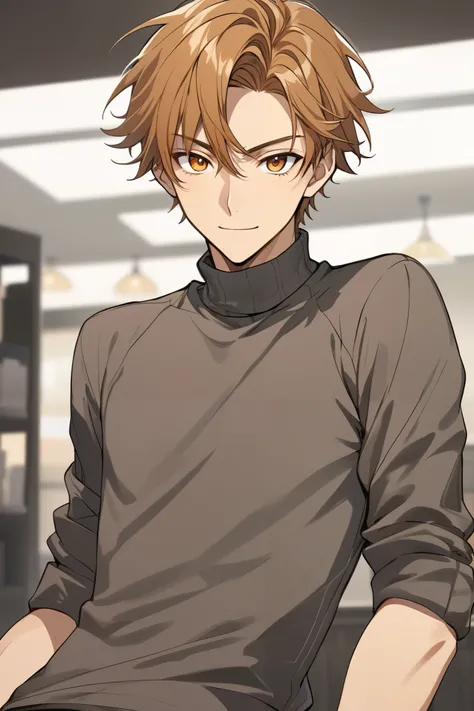 A handsome man with slightly messy caramel-colored hair, amber-colored eyes, tall, wearing a gray turtleneck, a thin body, a playful expression, the image is in an anime style. 