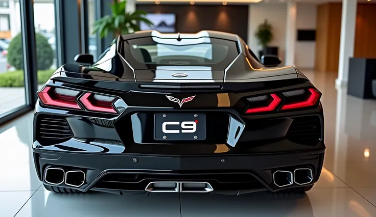 "A luxurious back view oa highly polished, shiny black Chevrolet corvette C9 . The car features a premium and modernized design, with sleek, distinctive headlights, a stylishly designed front grille that prominently displays the word 'Corvette c9' in an el...