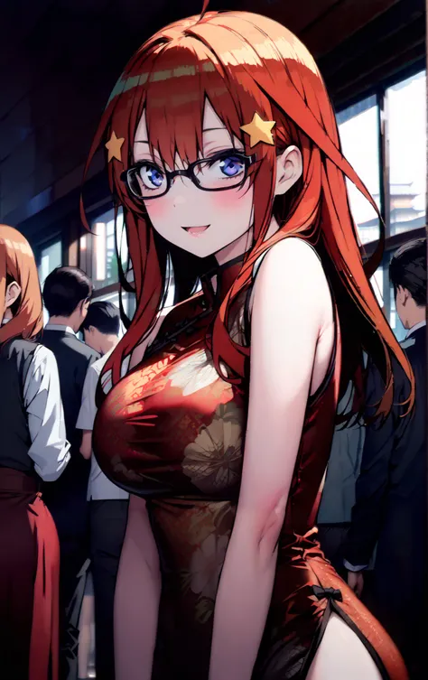 Nakano Mizuki ,  long hair,  blue eyes,  hair ornament,  red hair,  hair bun , star (  symbol ), Lick the boy's penis with half-framed glasses ,  glasses under the rim, star  hair ornament, smile,blush, open the mouth,sleeveless red china clothes,Big Breas...