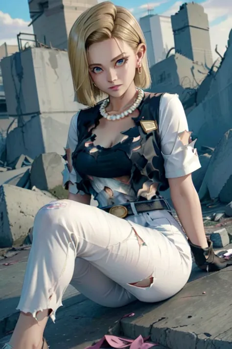 best quality, highres, and18, 1girl, android 18, solo, blonde hair, blue eyes, belt, jeans, pearl_necklace, bracelet, black gloves, white shirt, short hair, short sleeves, earrings, blue pants, open vest, black vest, large breasts, (ruins:1.3), (torn cloth...