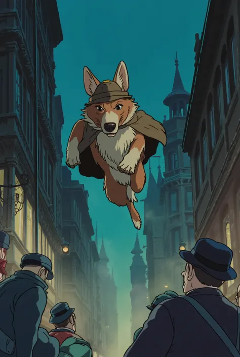 ghiblistyle, Dog detective as Sherlock Holmes, Jumping on criminals, action scene, dynamic composition, ((masterpiece)), 