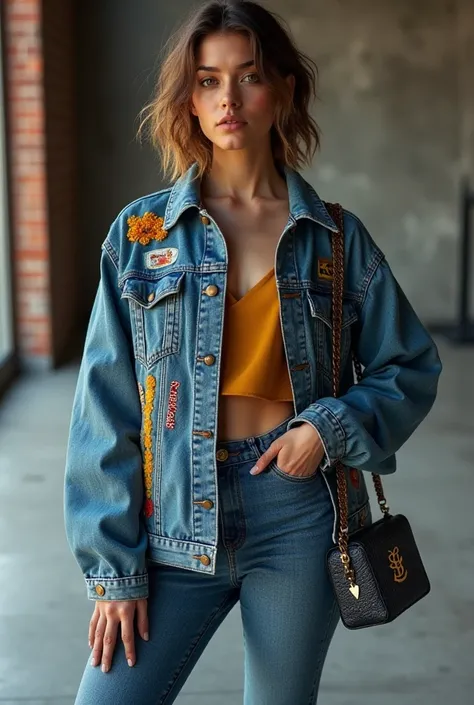 Je veux faire un model de jacket avec ce tissu multicolor et le tissu jeans