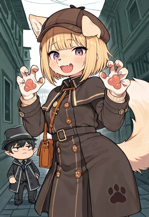 Create a detailed anthropomorphic female dog detective in an anime-inspired fantastical style, She should have pointed ears a fluffy tail and a snout with a human-like body, Her fur should be sleek and well-groomed with stylized shading, She should wear a ...