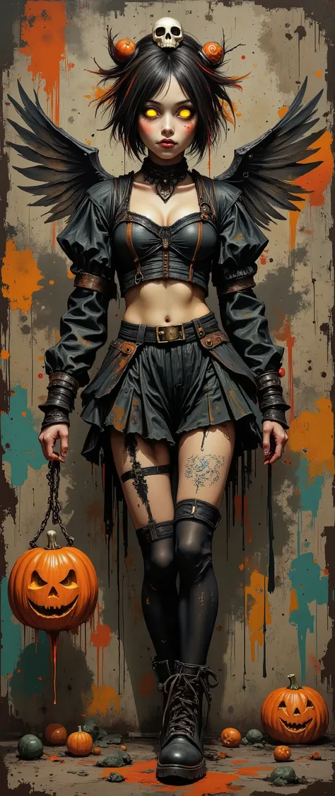 A young asthenic girl in a Gothic-style costume.Full-length image. Short black hair, cut exactly at chin level. Straight bangs. On top of the head is a small accessory in the form of a skull, decorated with a plume of dark ribbons. Pale skin and striking o...