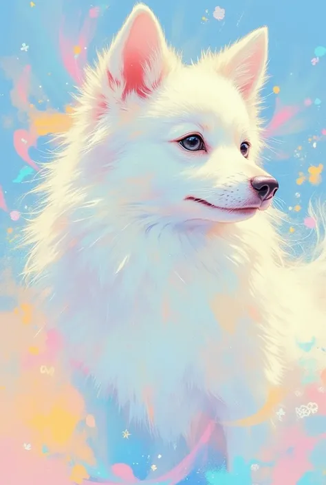  super precise,  Absolute Resolution,  masterpiece. 
White Japanese Spitz . 
Mr.々A brightly colored, iridescent, misty glow effect . 
 Superbly delicate depiction  ,   very clear images  ,  Bold and Dynamic ,  contrast between light and shadow , 2.5D,  art...