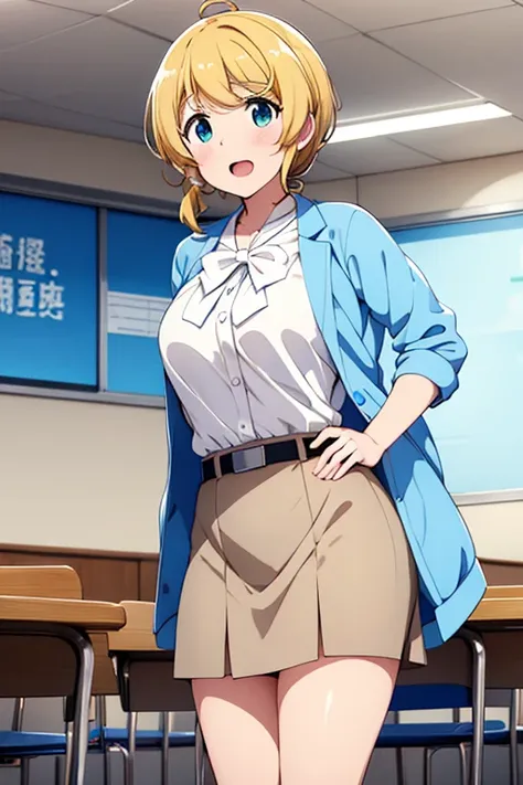 Ellen Baker、All students、 light blue jacket、 white shirt、 light blue skirt、 erotic、Speak at an all-school meeting、Standing at the podium、sexual activity image screen、 high res