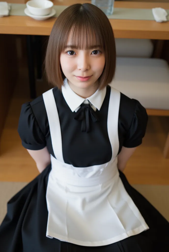 A high-resolution photograph of a Japanese young woman, 8k, masterpiece, best quality, detailed description, photo-realistic, soft indoor lighting, 1girl, light-brown hair, completely bare body under a refined traditional black maid outfit, wearing a high-...