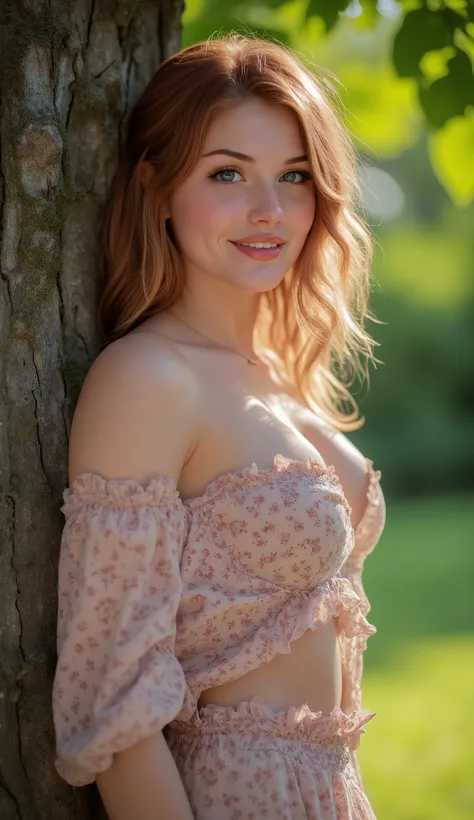 Beautiful Girl, Perfect Figure, Beautiful Detailed Face, Blue Eyes, Smile, Jewelry, Blouse, In Park Near Tree, Very Detailed, High Detail, Best Quality, High Resolution, sexy