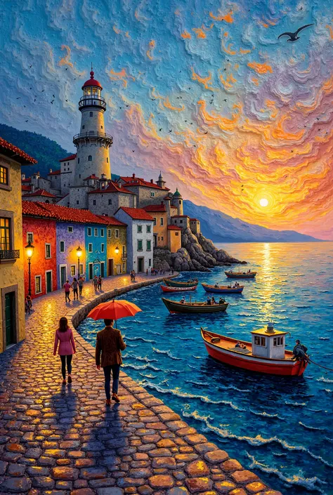 Enter the textured world of a relief oil painting that transcends time, inviting viewers into a picturesque portugal seaside town bathed in dusk. shades of a Van Gogh masterpiece. Imagine a harbor with colorful antique fishing boats meandering towards the ...